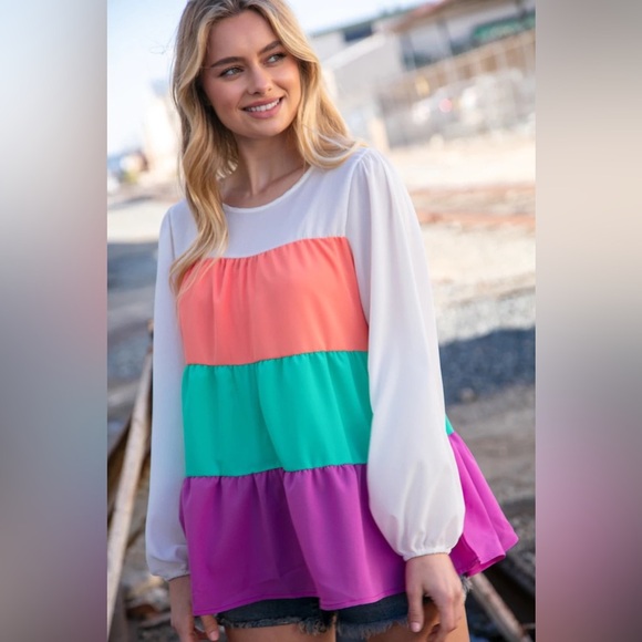 Ivory & Peach Woven Crepe Tiered Blouse - Picture 6 of 13